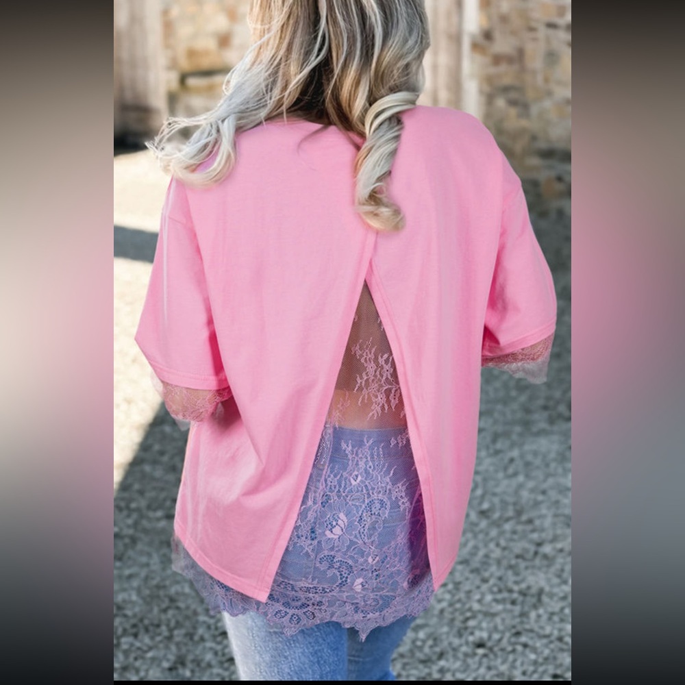 1146. Lace oversized short sleeve t-shirt pink